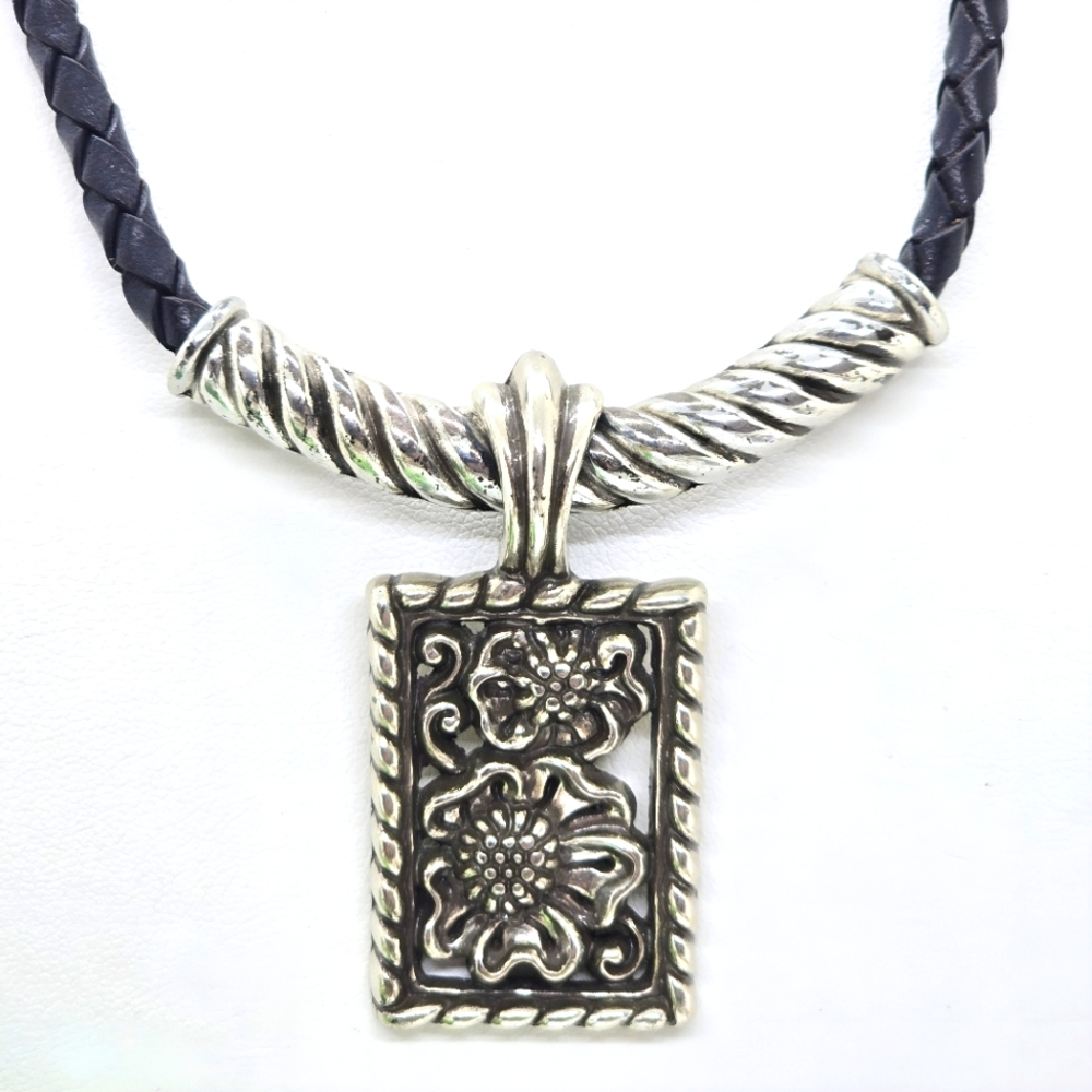 Brighton Braided Leather Necklace With Rectangular floral pendant